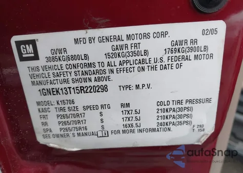 2005 Chevrolet Tahoe Z71 from USA, damaged, VIN 1GNEK13T15R220298